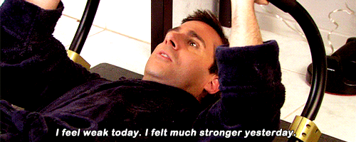 Michael Scott exercises while saying, “I feel weak today. I felt much stronger yesterday.”