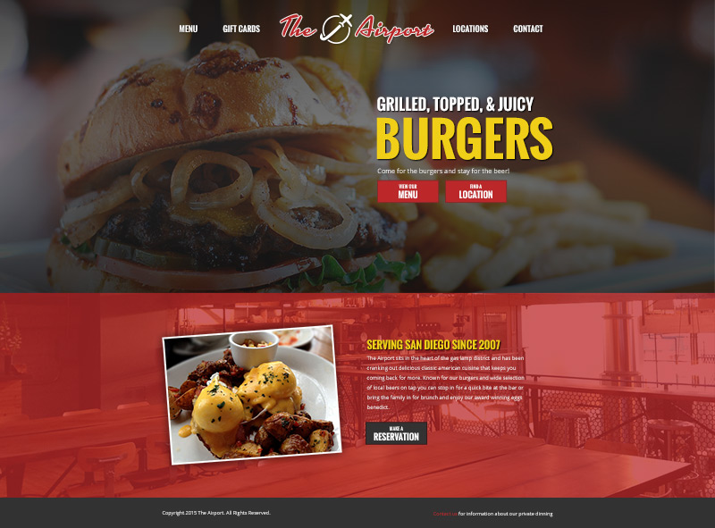 Homepage design for The Airport restaurant, featuring a burger hero image and a red restaurant section.
