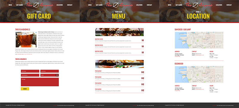 Gift card, menu, and location page designs for The Airport restaurant.