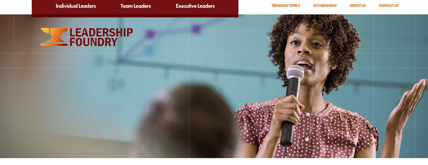 Leadership Foundry website hero showing a speaker photograph behind the logo and navigation.
