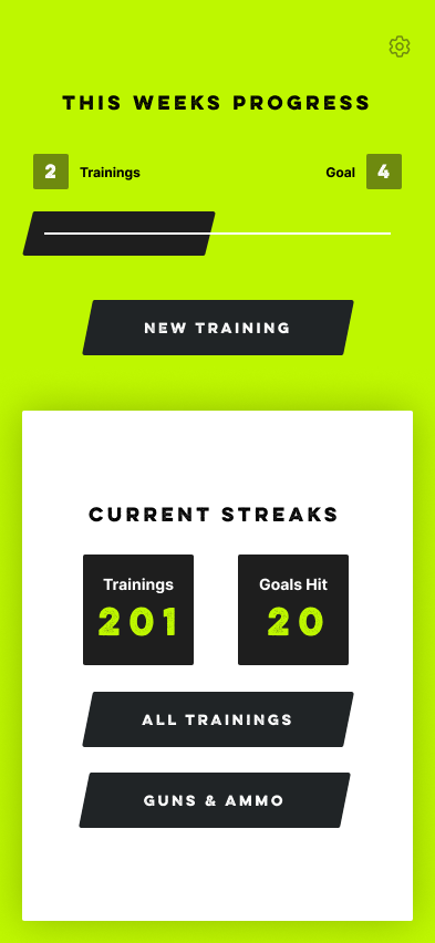Train Factor app dashboard showing firearm training goals, current streaks, and progress