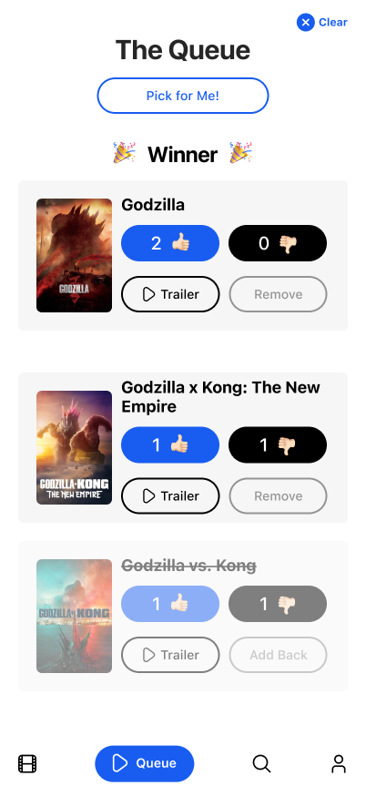 Watch It! app showing a shared movie queue with votes and a Pick for Me button